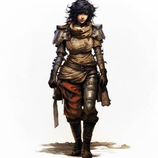 a wanderer woman post apocalyptic metal armor colorful