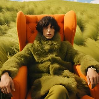 एक हरी वस्त्र पहनी महिला नारंगी फर की कुर्सी पर बैठी हुई, जो की ऊँची घास के मैदान में है, जिसमें सिनेमेटिक वेस एंडरसन रंग पैलेट और सप्तकारात्मक पोज़ हैं जो 1970 की याद दिलाने वाली हैं।
