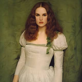 In a white dress, posing for a portrait.