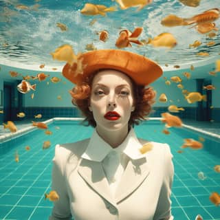 woman in the swimming pool, in a white suit and hat is surrounded by goldfish