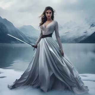 Beautiful woman in long white dress standing on frozen lake with sword in snow, epic landscape of frozen world with storm clouds and mountains.