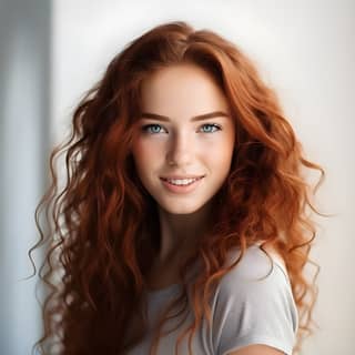 Closeup of happy attractive with long wavy red hair and freckles