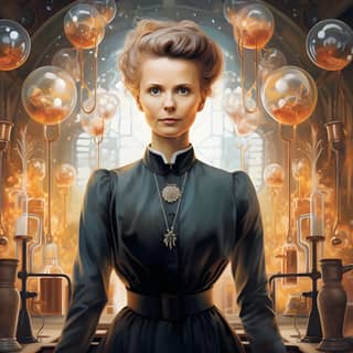 Marie curie, in a black dress standing in front of a large room with many glass balls