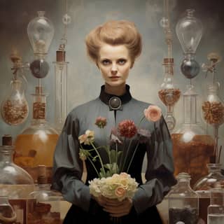 Marie curie, holding flowers in front of a laboratory