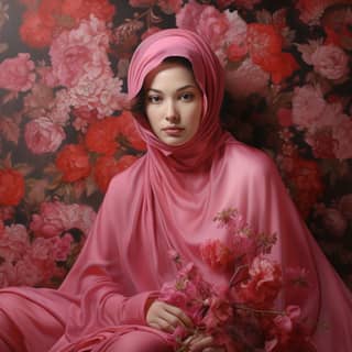 Persian pink, in a pink hijab sitting on a floral background