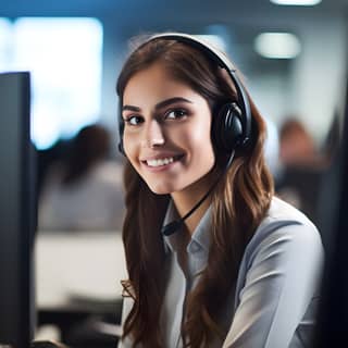 Jovem mulher morena trabalhando como despachante em um ambiente de escritório moderno, atendendo chamadas com um sorriso e usando um fone de ouvido.