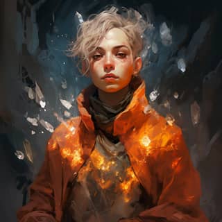 andradite as a person, with fire in her hair and jacket