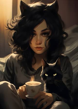 anthropomorphic black cat woman in cozy pajamas character art, with black hair and cat ears holding a cup of coffee