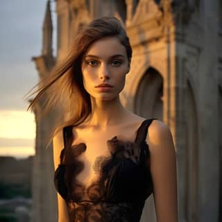 穿着黑色连衣裙的女人站在日落时分哥特式建筑物前。
