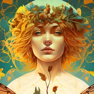 A fairy and psychedelic combination of magic mushrooms elf and butterflies Shades of cyan amber green burgundy and gold