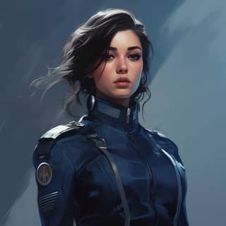 a futuristic sci fi pilot in a blue dress uniform