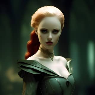 in a green dress standing in the dark