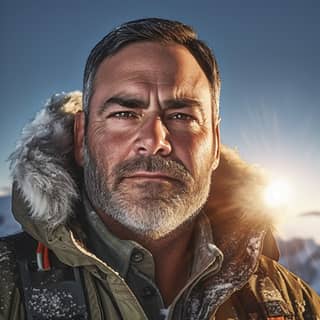 man ontop of mt everest sun beading down on him snow photo realistic