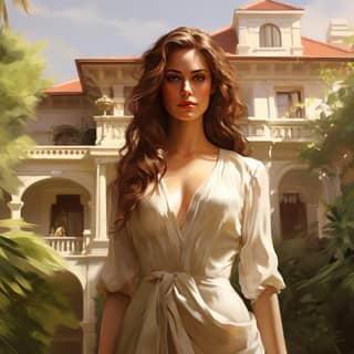 of realistic and captivating beauty stands in front of her mansion a scene that exudes authenticity Her brown hair falls