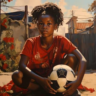 a painting in the style of the artist Shepard Fairely of african girl in her family’s nice and well looked after yard Her