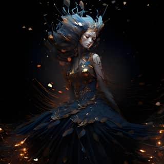 shattered beauty of an ancient blue queen with fiery hair and feathers.
