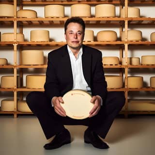 in a suit holding a cheese wheel