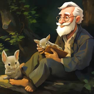 In the forest an old painter holds an injured small animal in his hands