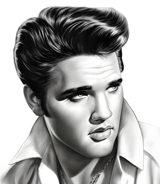 Pages mewarna potret Elvis Presley untuk orang dewasa dengan mata biru dalam skala kelabu, memaparkan gaya rock lama dikepang.