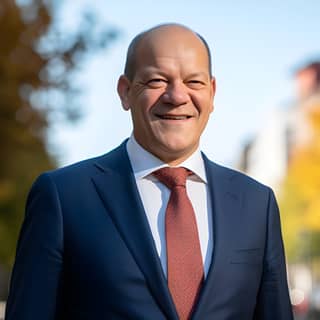 Olaf Scholz, um homem careca de terno e gravata, sorri enquanto está de pé em uma rua da cidade.