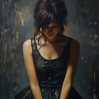 Ballerina Emotional Turmoil Sitting on the ground beautiful woman in the style of Pointillism Liu Yi and Dmitri Danish