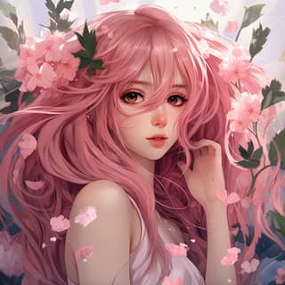 Girl holding pink flowers long hair anime style pink color theme