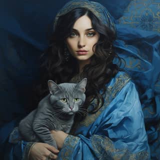 Persian blue, in blue dress holding a gray cat