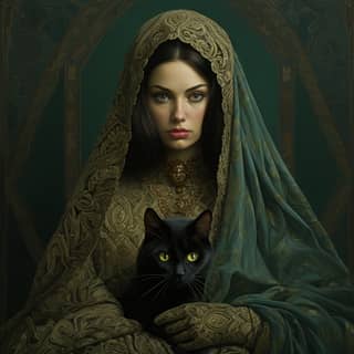 Persian green, in a green dress holding a black cat