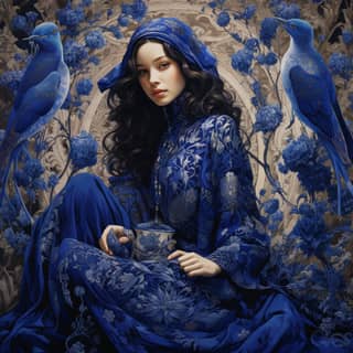 Persian indigo, in blue dress sitting on a blue chair with birds