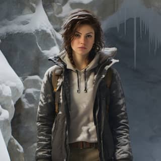 Sandy Cavale, 18 Jahre alt mit grünen Augen und hellbraunen kurzen Haaren, ähnelt der Schauspielerin Rachel Weisz. Sie ist eine Eiskletterin, die im Schnee steht und eine Winterjacke und Schneestiefel trägt.