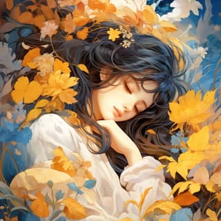 Women sleep under yellow leaves light gold and dark azure delicate flowers Light orange and white and light indigo blue