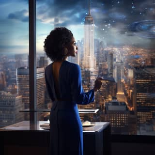 an AI black professional woman in a classroom with the view of NYC outside the large window to the left of the classroom