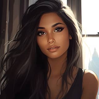 an illustration of a gorgeous exotic woman long black hair with brown eyes round face wearing a black tank top looking out a