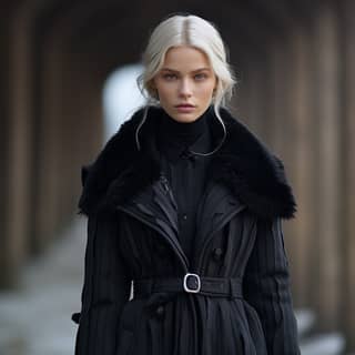 Femme blonde habillée d'un manteau noir foncé avec col en fourrure.