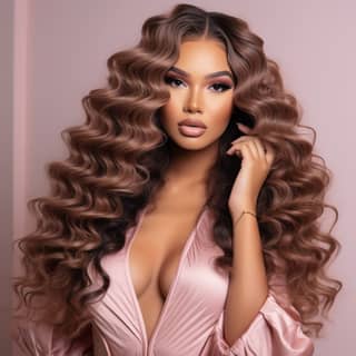 Seorang wanita cantik dengan solekan glamor, bulu mata besar, dan rambut bergelombang berdiri di depan dinding krim mengenakan jubah dan gaun pink.