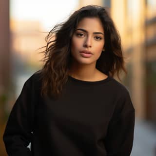 Femme aux longs cheveux bruns et au sweat-shirt noir posant pour une photo.