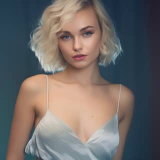 Блондинка в белом платье позирует на фотографии с короткими волосами.