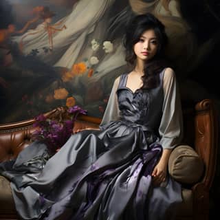 captivated oil painting art of smiling young Japanese woman She is unwinding on large antique couch fashion posing She is