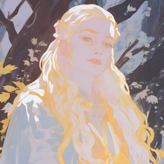 cel-shaded animation celestial warlock full-body portrait Galadriel in the golden forests of Lothlorien outlined minimalism