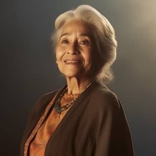 Retrato de cuerpo entero de una mujer mayor con cabello blanco y un vestido marrón, sonriendo.