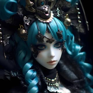 Goth Hatsune Miku adalah sebuah boneka dengan rambut biru, riasan hitam, dan tengkorak di kepalanya, mengenakan gaun hitam.