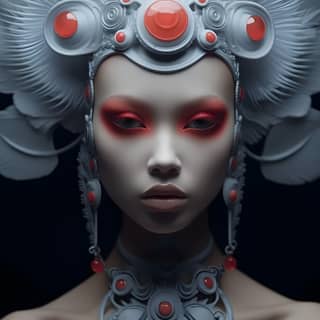 with a headdress and red eyes