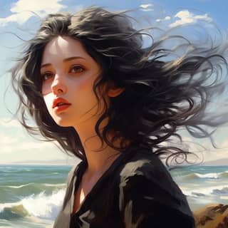 a most beatiful girl balck hair sunshine sea deep eyes windy beach