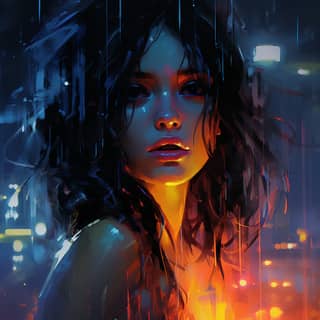 neon drenched woman’s beautiful face large eyes Rain is phosphorescent dark cityscape Mist shrouded