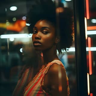 Une jeune femme noire nigériane triste voit son reflet dans une vitrine avec des lumières au néon, portant un simple haut et un short.