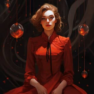 pyrope as a person, in red dress sitting on a chair with red balls hanging from her hair