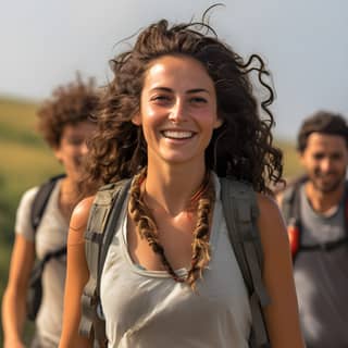 A real-life photograph 25-year-old Spanish woman walking along the Camino de Santiago with a group of friends exquisite