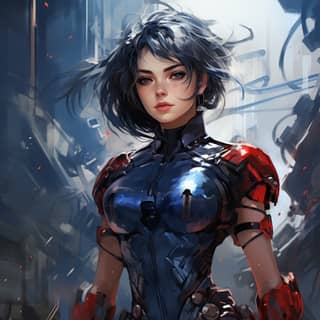 sci fi illustration of a blue short haired girl in a cyborg mecha navy blue with red highlights armor suit