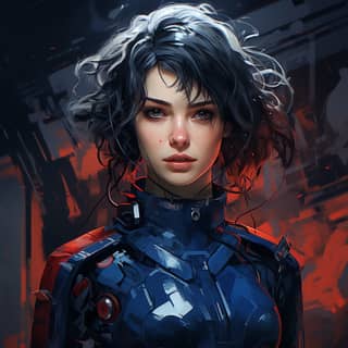 Illustrazione di fantascienza di una ragazza bionda con capelli corti in un cyborg mecha tuta blu navy con rifiniture rosse, in un outfit futuristico con sfondo rosso.