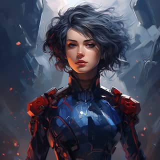 sci fi illustration of a blue short haired girl in a cyborg mecha navy blue with red highlights armor suit